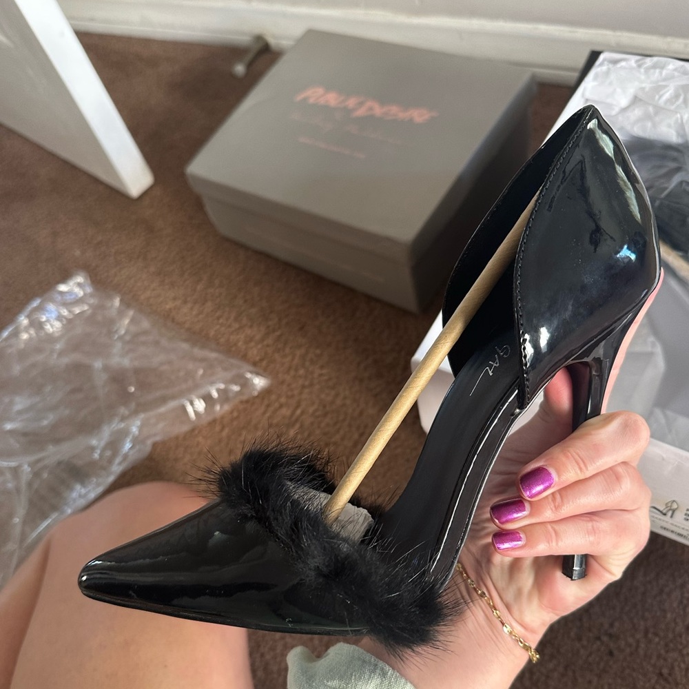Patent leather Stilletos with furry trim! WORN ONCE, still in box